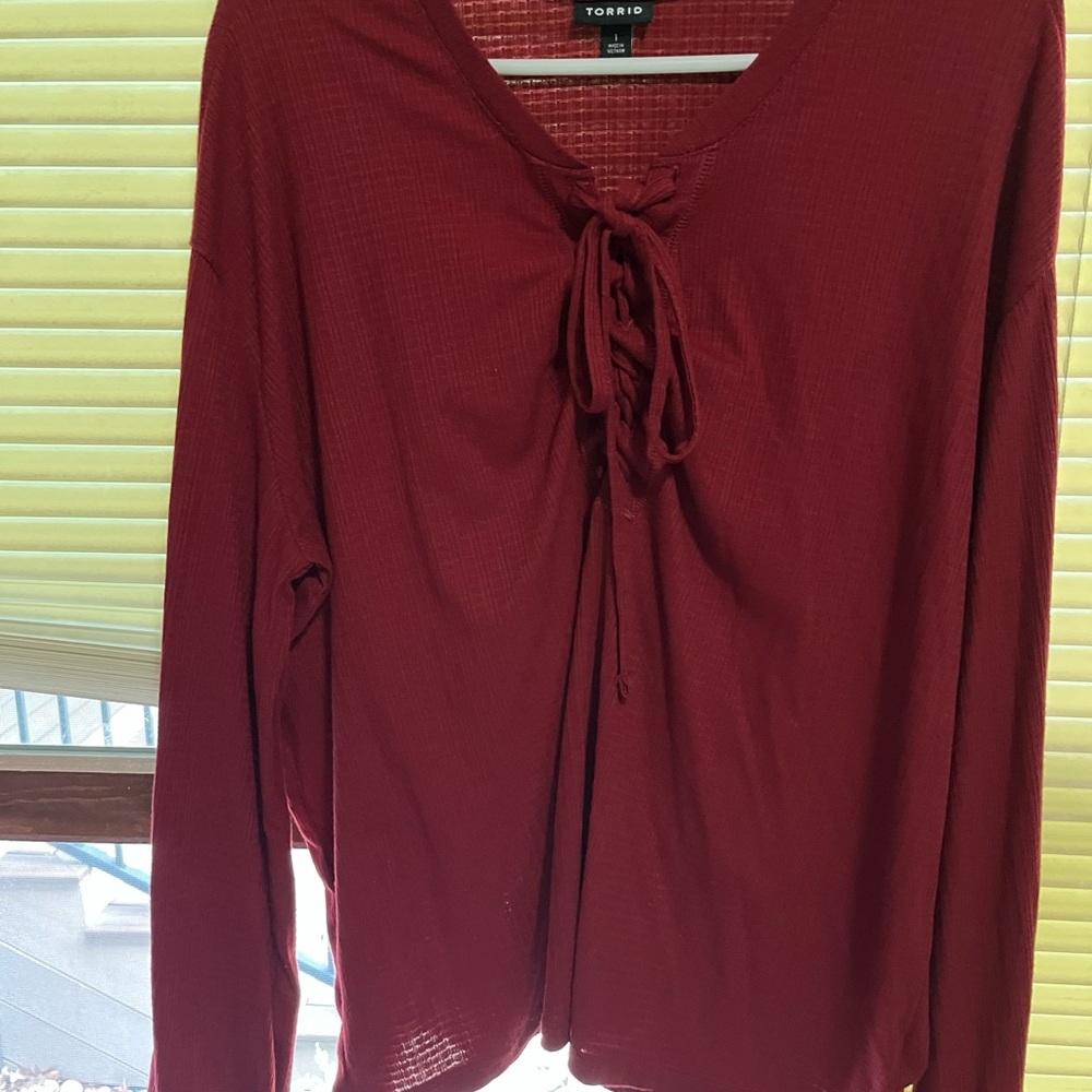 torrid Ribbed Lace-Up Long Sleeve Top in burgundy size 1